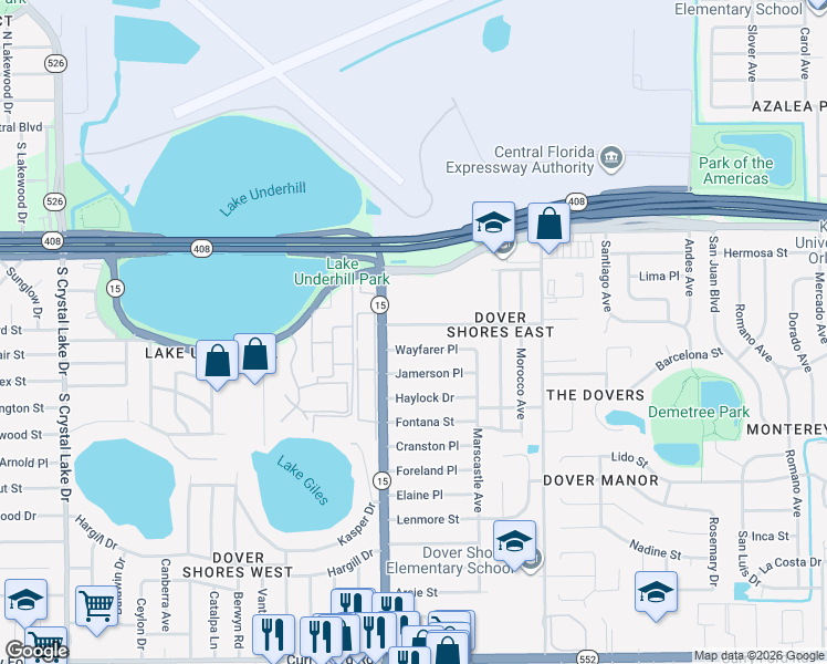map of restaurants, bars, coffee shops, grocery stores, and more near 4503 Rockledge Road in Orlando