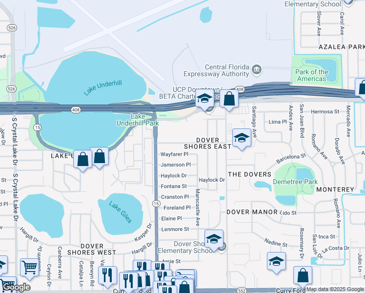 map of restaurants, bars, coffee shops, grocery stores, and more near 4608 Rockledge Road in Orlando