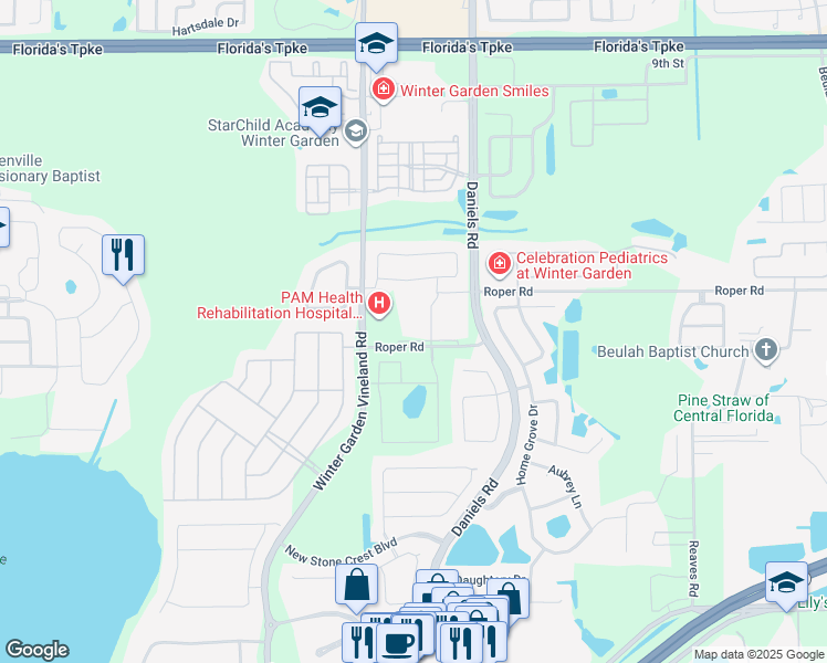 map of restaurants, bars, coffee shops, grocery stores, and more near 420 Roper Road in Winter Garden