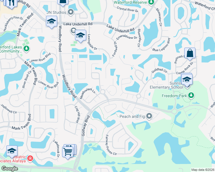 map of restaurants, bars, coffee shops, grocery stores, and more near 13413 Bristlecone Circle in Orlando