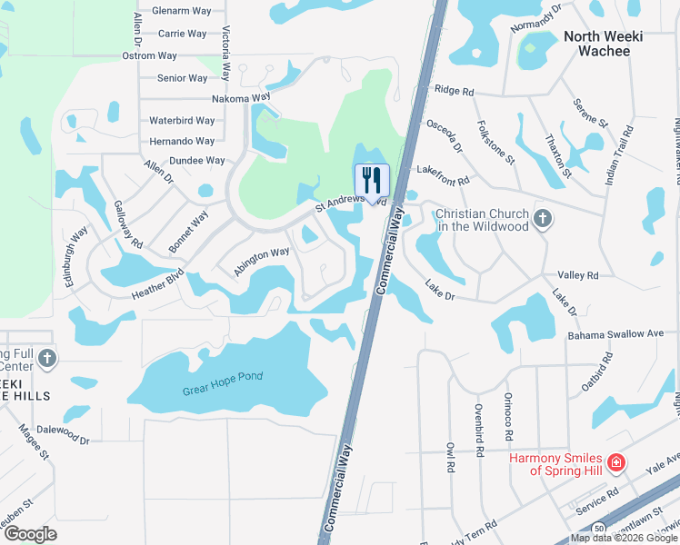 map of restaurants, bars, coffee shops, grocery stores, and more near 7497 Heather Walk Drive in Weeki Wachee