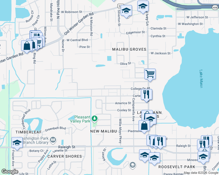 map of restaurants, bars, coffee shops, grocery stores, and more near 4667 College Drive in Orlando