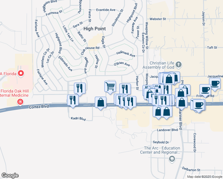 map of restaurants, bars, coffee shops, grocery stores, and more near 7400 Highline Drive in Brooksville