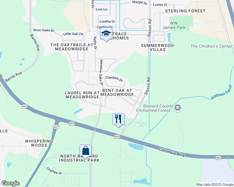 map of restaurants, bars, coffee shops, grocery stores, and more near 5772 Chicory Drive in Titusville