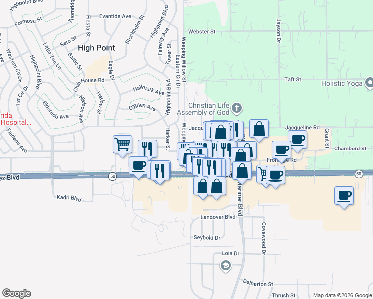 map of restaurants, bars, coffee shops, grocery stores, and more near 12520 Harker Street in Brooksville