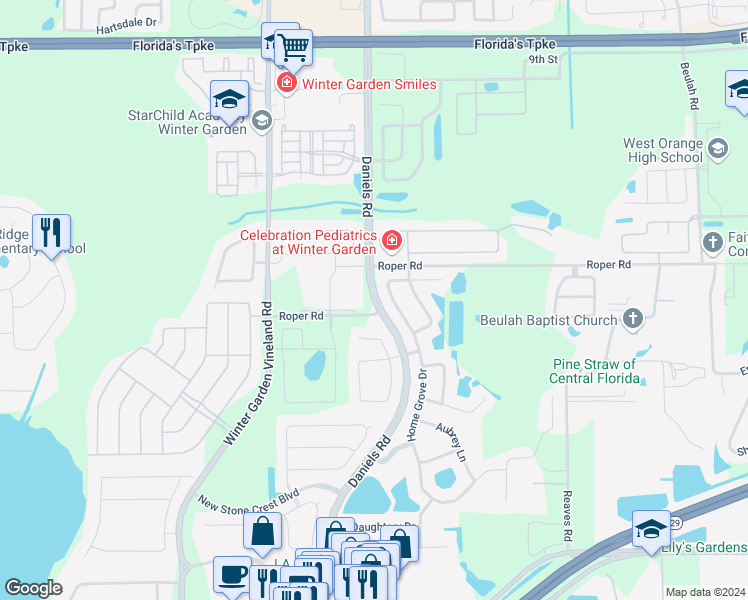 map of restaurants, bars, coffee shops, grocery stores, and more near Daniels Road in Winter Garden