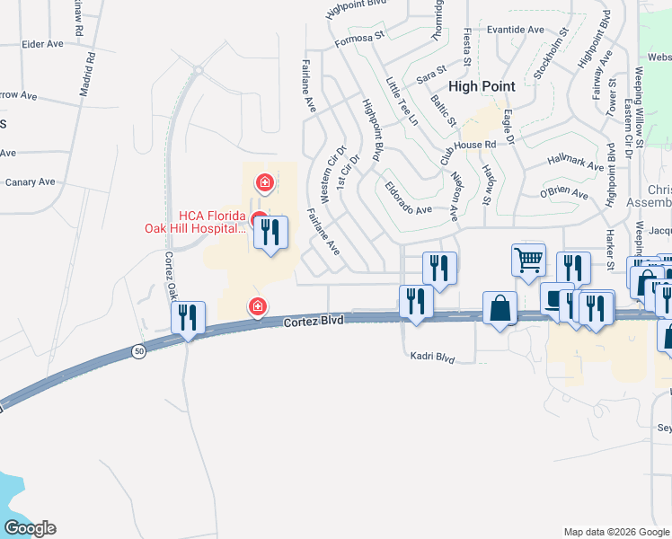 map of restaurants, bars, coffee shops, grocery stores, and more near 7358 1st Loop Avenue in Brooksville