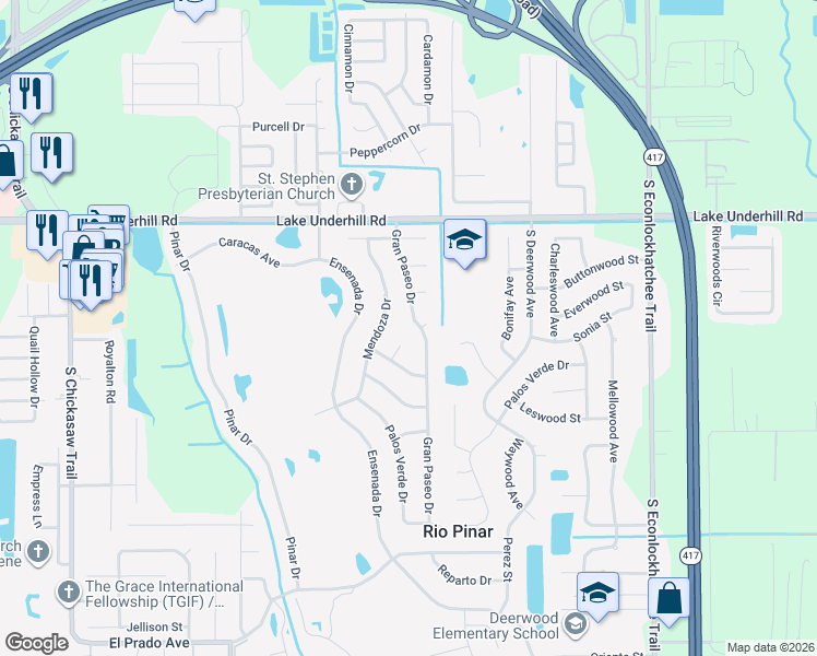 map of restaurants, bars, coffee shops, grocery stores, and more near 695 Mendoza Drive in Orlando