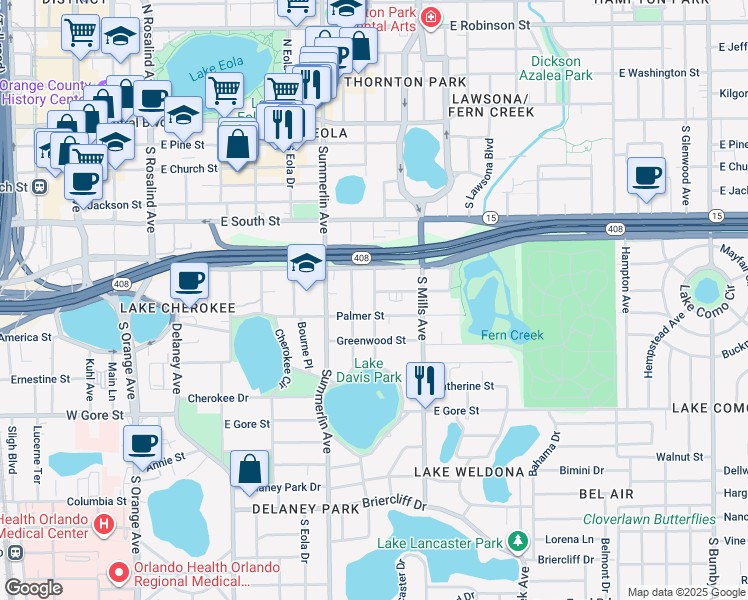 map of restaurants, bars, coffee shops, grocery stores, and more near 1005 Elmwood Street in Orlando
