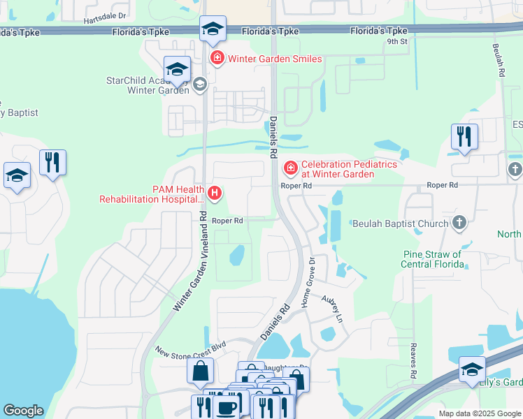 map of restaurants, bars, coffee shops, grocery stores, and more near 2020 Daniels Road in Winter Garden