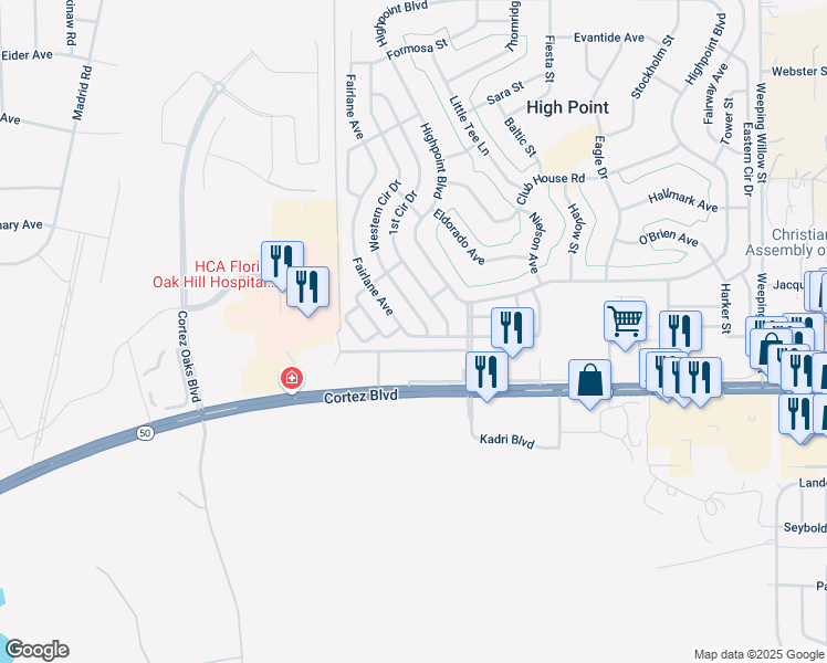 map of restaurants, bars, coffee shops, grocery stores, and more near 7331 Western Circle Drive in Brooksville