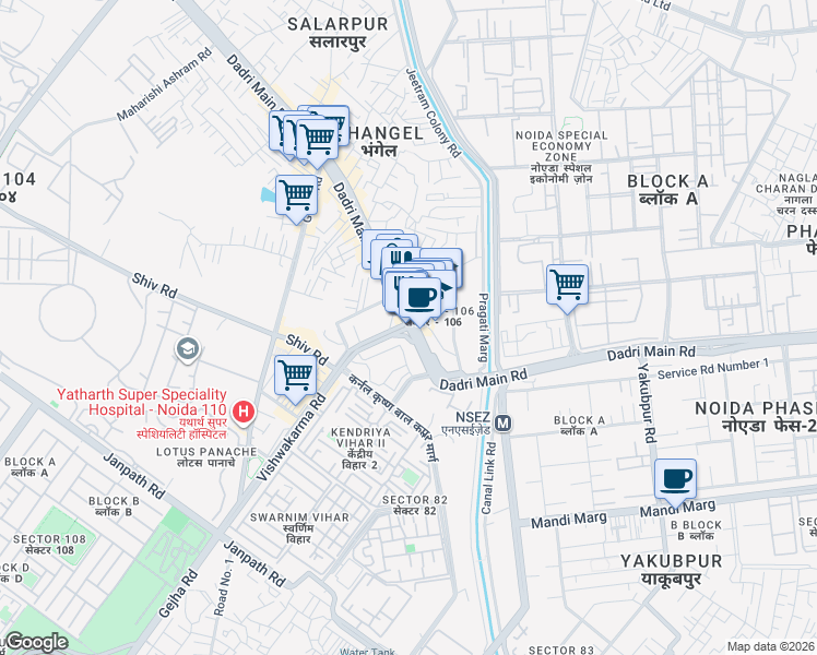 map of restaurants, bars, coffee shops, grocery stores, and more near in Noida