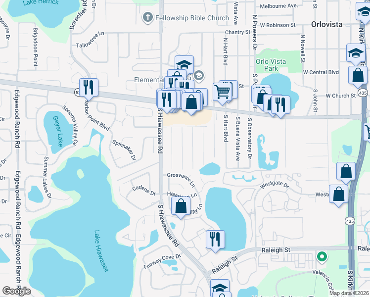 map of restaurants, bars, coffee shops, grocery stores, and more near 314 Crabtree Avenue in Orlando