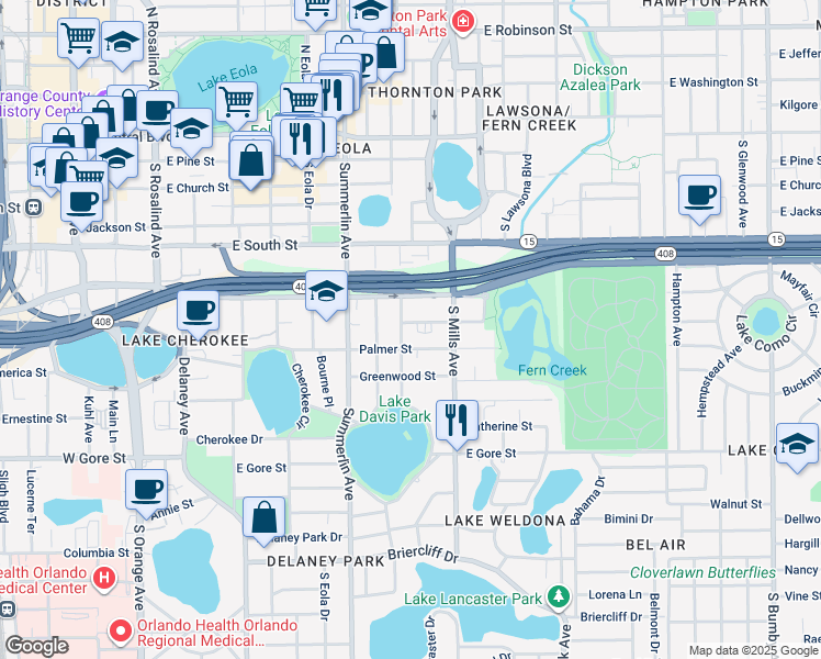map of restaurants, bars, coffee shops, grocery stores, and more near 1008 Elmwood Street in Orlando