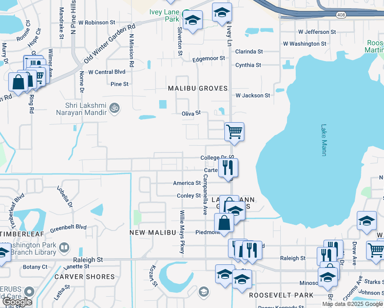 map of restaurants, bars, coffee shops, grocery stores, and more near 4548 Huppel Avenue in Orlando