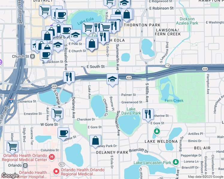 map of restaurants, bars, coffee shops, grocery stores, and more near 550 South Eola Drive in Orlando