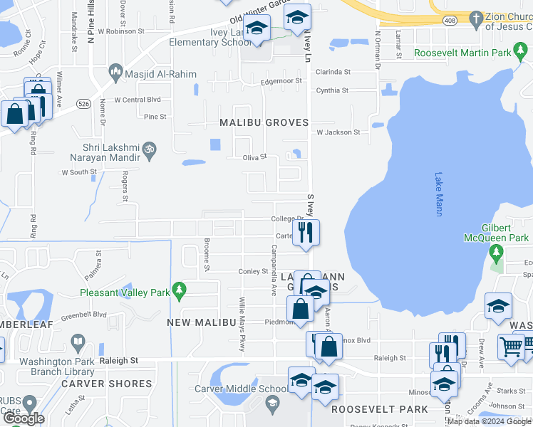 map of restaurants, bars, coffee shops, grocery stores, and more near 4513 College Drive in Orlando