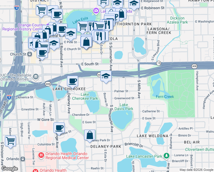 map of restaurants, bars, coffee shops, grocery stores, and more near 550 South Eola Drive in Orlando