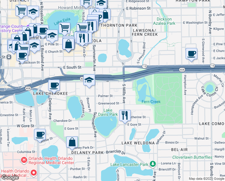 map of restaurants, bars, coffee shops, grocery stores, and more near 1005 Elmwood Street in Orlando