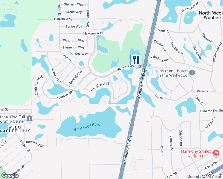 map of restaurants, bars, coffee shops, grocery stores, and more near 7406 Heather Walk Drive in Spring Hill