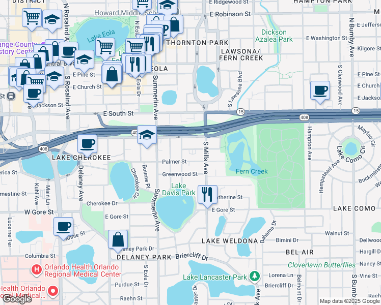 map of restaurants, bars, coffee shops, grocery stores, and more near 1005 Elmwood Street in Orlando