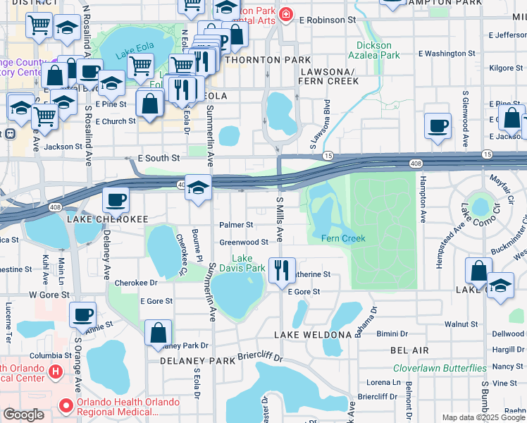 map of restaurants, bars, coffee shops, grocery stores, and more near 1123 Elmwood Street in Orlando