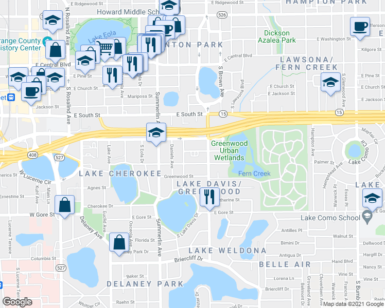 map of restaurants, bars, coffee shops, grocery stores, and more near 1005 Elmwood Street in Orlando
