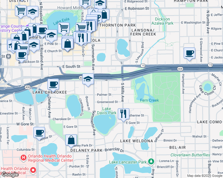 map of restaurants, bars, coffee shops, grocery stores, and more near 1005 Elmwood Street in Orlando