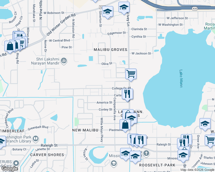 map of restaurants, bars, coffee shops, grocery stores, and more near 4548 Huppel Avenue in Orlando