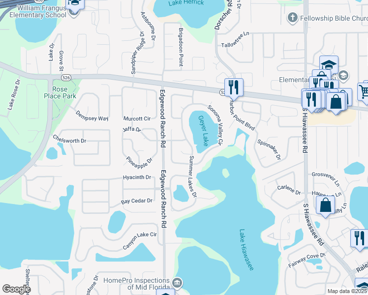 map of restaurants, bars, coffee shops, grocery stores, and more near 1077 Summer Lakes Drive in Orlando
