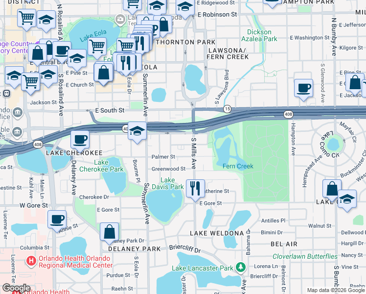 map of restaurants, bars, coffee shops, grocery stores, and more near 1123 Elmwood Street in Orlando