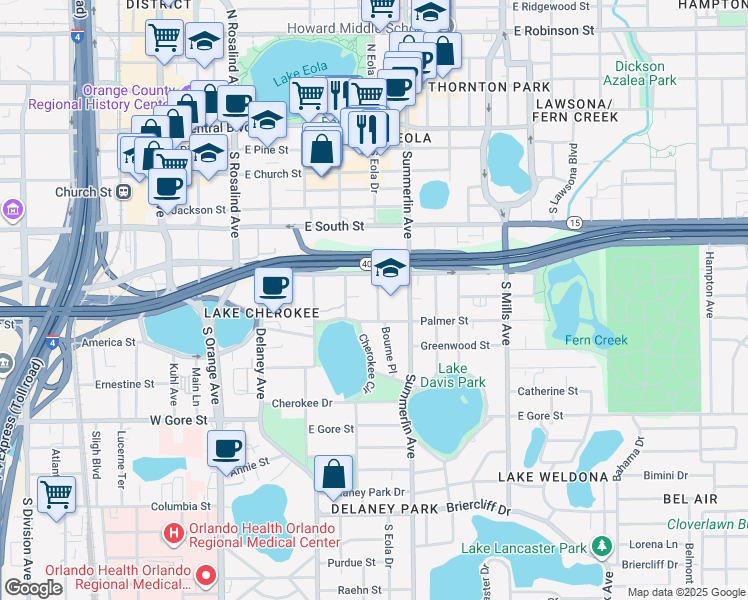 map of restaurants, bars, coffee shops, grocery stores, and more near 526 South Eola Drive in Orlando