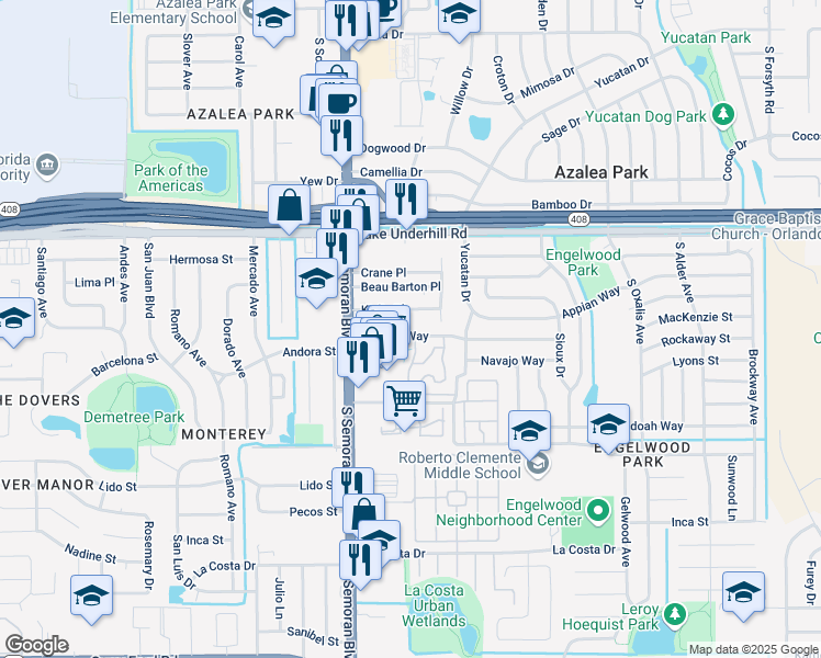 map of restaurants, bars, coffee shops, grocery stores, and more near 5820 Kislin Place in Orlando