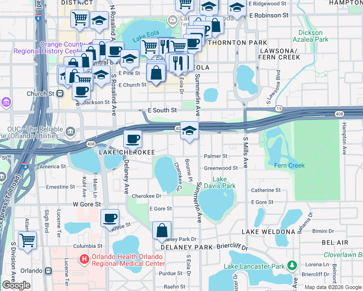 map of restaurants, bars, coffee shops, grocery stores, and more near 521 South Osceola Avenue in Orlando