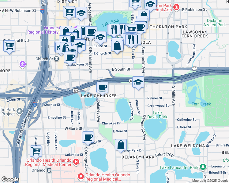 map of restaurants, bars, coffee shops, grocery stores, and more near 519 Lake Avenue in Orlando