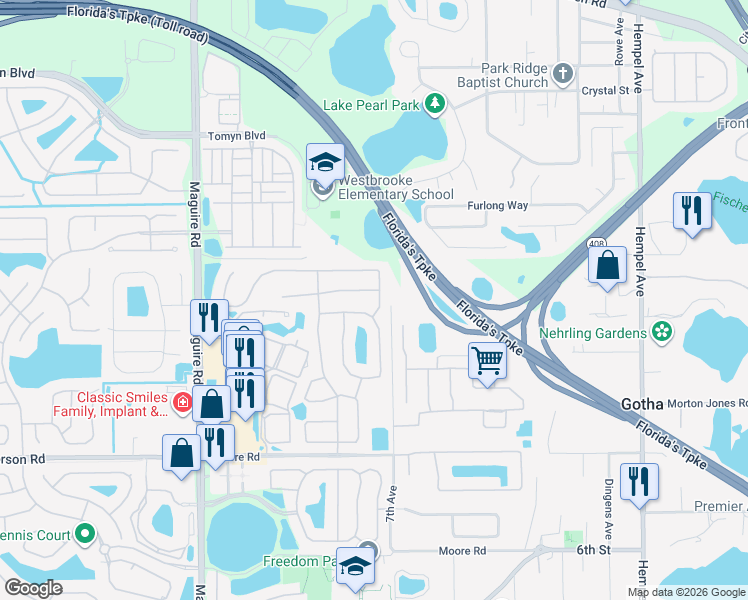 map of restaurants, bars, coffee shops, grocery stores, and more near 620 Bridge Creek Boulevard in Ocoee
