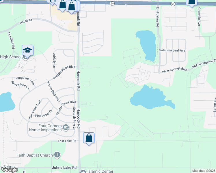 map of restaurants, bars, coffee shops, grocery stores, and more near 13030 Hancock Road in Clermont