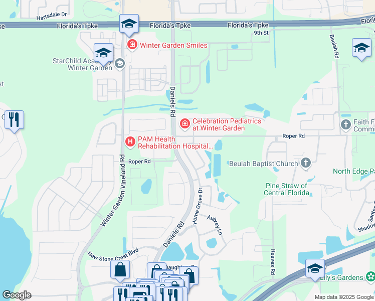 map of restaurants, bars, coffee shops, grocery stores, and more near 530 Groves End Lane in Winter Garden