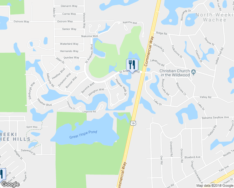 map of restaurants, bars, coffee shops, grocery stores, and more near 7291 Loch Ness Court in Brooksville