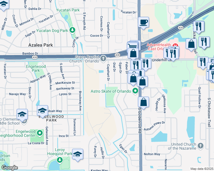 map of restaurants, bars, coffee shops, grocery stores, and more near 704 Capehart Drive in Orlando