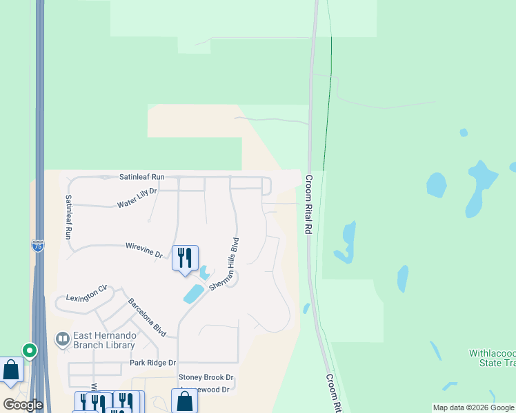 map of restaurants, bars, coffee shops, grocery stores, and more near 7149 Crested Orchid Drive in Brooksville