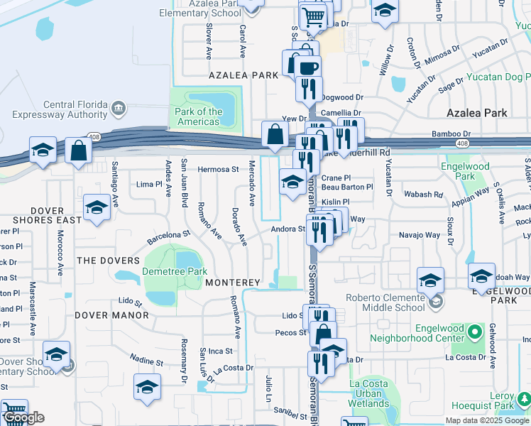 map of restaurants, bars, coffee shops, grocery stores, and more near 540 Verbena Court in Orlando