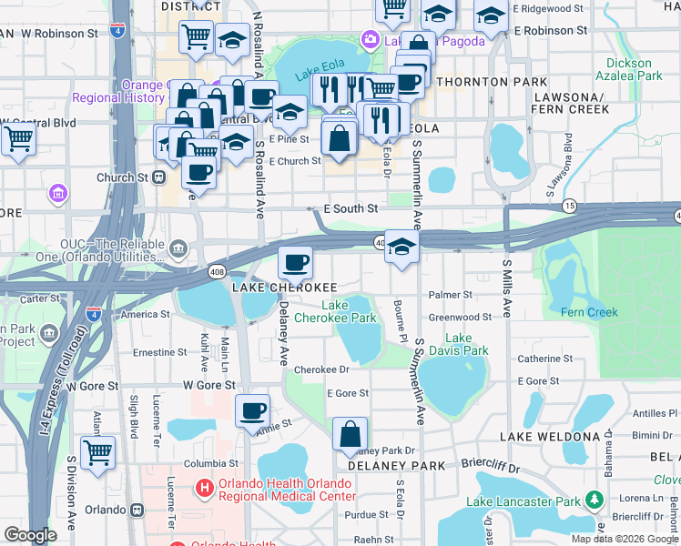 map of restaurants, bars, coffee shops, grocery stores, and more near 519 Lake Avenue in Orlando