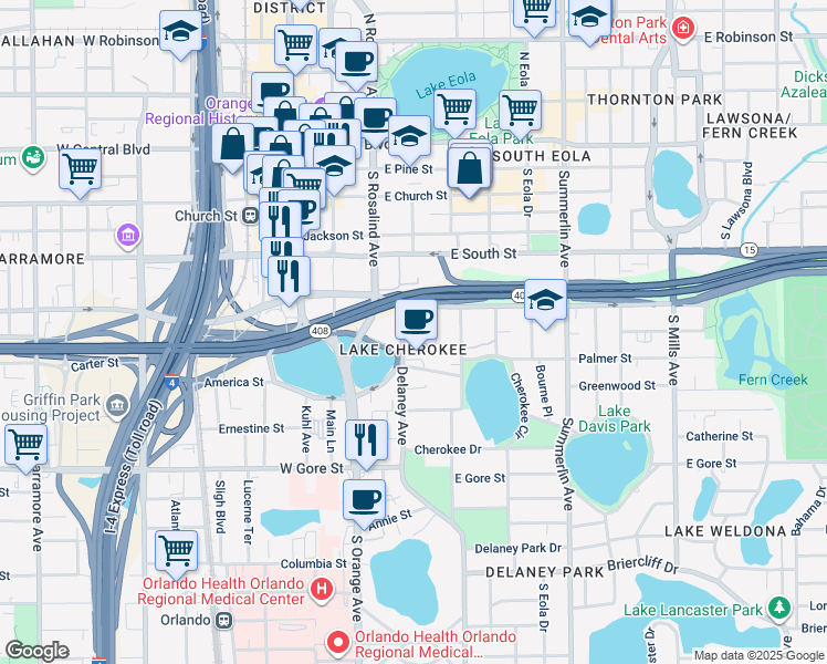 map of restaurants, bars, coffee shops, grocery stores, and more near 496 Delaney Avenue in Orlando