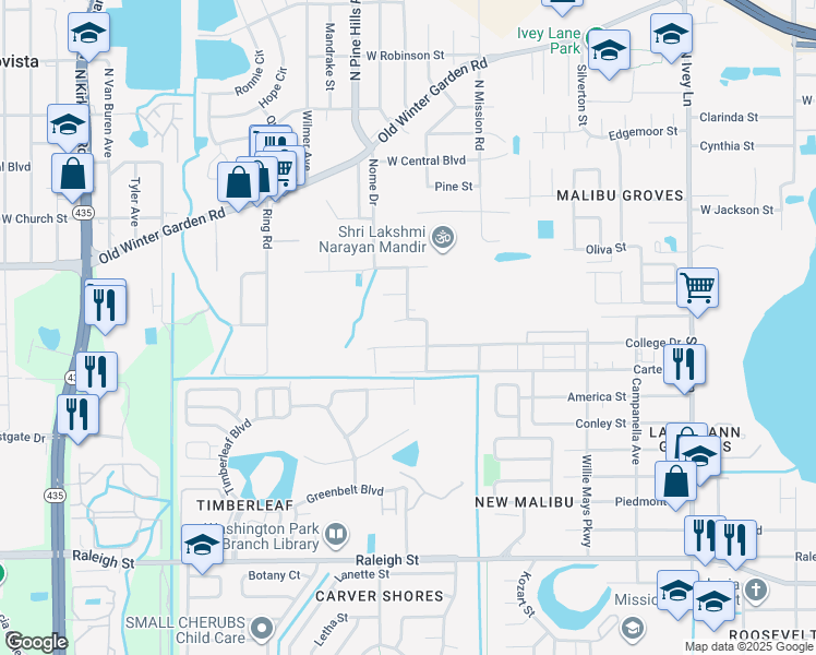map of restaurants, bars, coffee shops, grocery stores, and more near 4928 Huppel Avenue in Orlando
