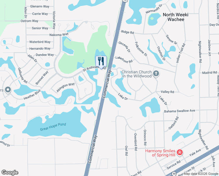 map of restaurants, bars, coffee shops, grocery stores, and more near 9750 Lake Drive in Spring Hill