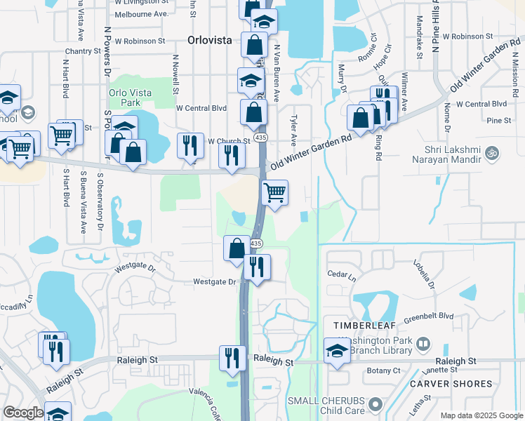 map of restaurants, bars, coffee shops, grocery stores, and more near in Orlando