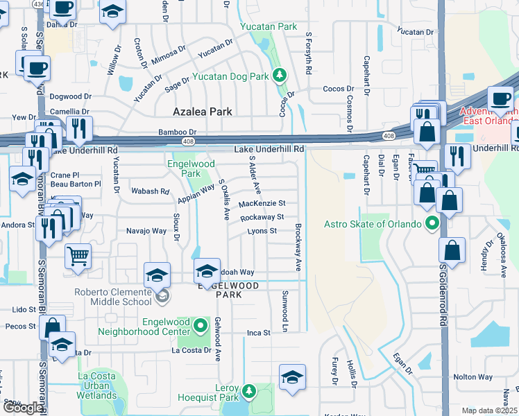 map of restaurants, bars, coffee shops, grocery stores, and more near 6334 Mackenzie Street in Orlando