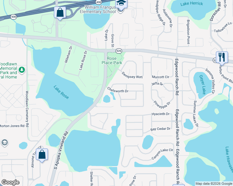 map of restaurants, bars, coffee shops, grocery stores, and more near 7901 Wellsmere Circle in Orlando
