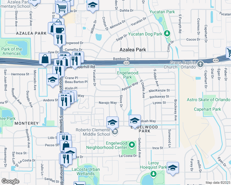 map of restaurants, bars, coffee shops, grocery stores, and more near 6026 Appian Way in Orlando